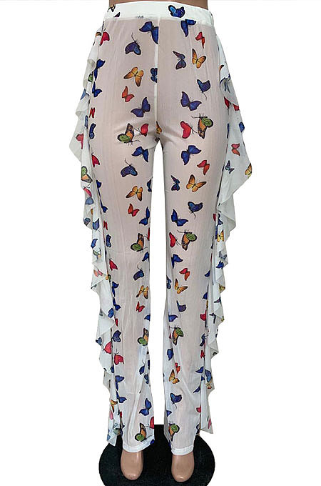 Women Net Yarn Printuing Falbala Beach Pants LD8762
