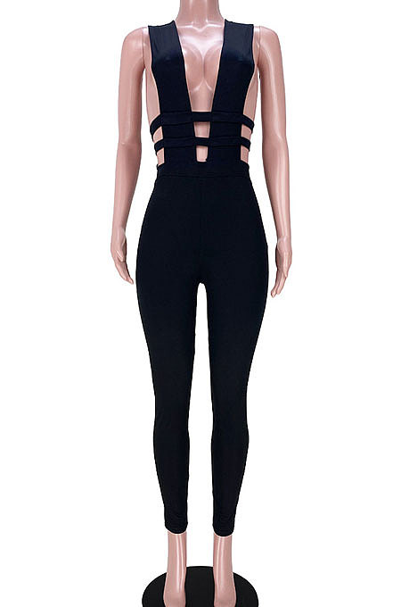 Pure Color Hollow Out Zipper Dark V Neck Sexy Bodycon Jumpsuits GL6352