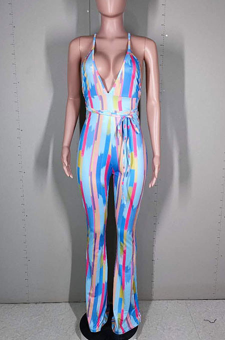 Trendy Sexy Dark V Backless Colorful Slip Printing Wide Leg Jumpsuits N9274