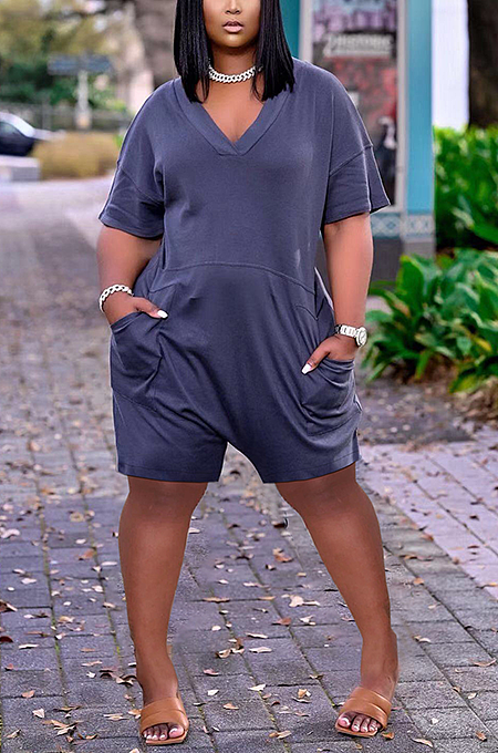 YX9273 Loose Solid Color V-neck Casual Jumpsuit