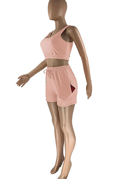 Euramerican Women Pure Color Double Vest Sport Shorts Sets HR8163