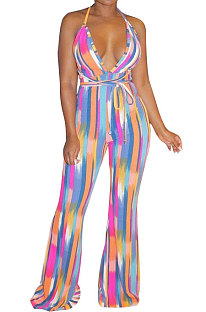 Trendy Sexy Dark V Backless Colorful Slip Printing Wide Leg Jumpsuits N9274