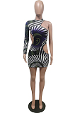 Print Buttocks Positioning Single Sleeve Off Shoulder Dresses F8338