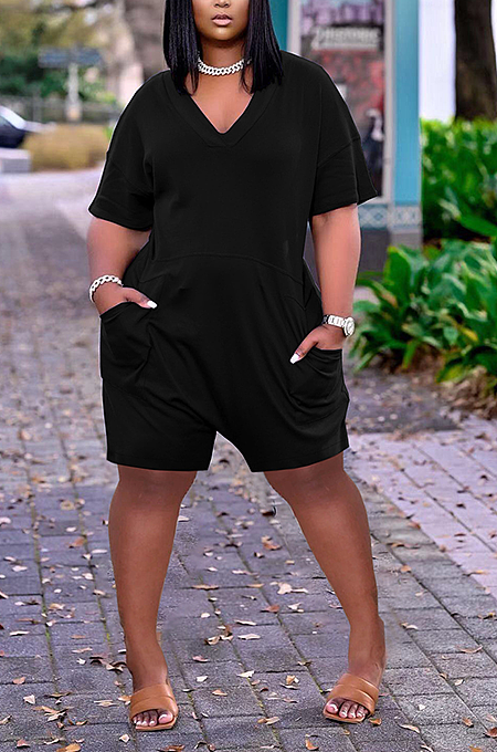 YX9273 Loose Solid Color V-neck Casual Jumpsuit