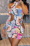 Club Hollow Out Printing Hole Tight Sexy Long Sleeve Mini Dress ATE5220