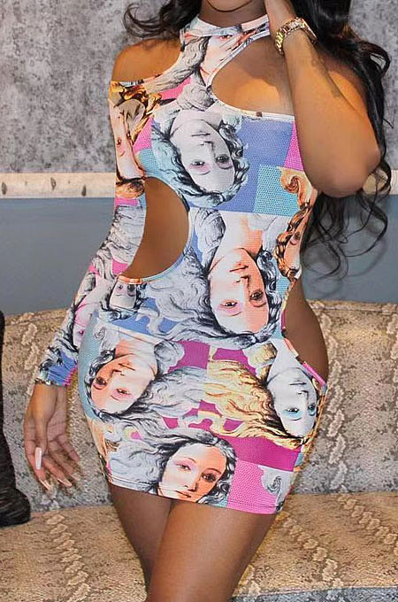 Club Hollow Out Printing Hole Tight Sexy Long Sleeve Mini Dress ATE5220