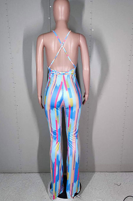 Trendy Sexy Dark V Backless Colorful Slip Printing Wide Leg Jumpsuits N9274