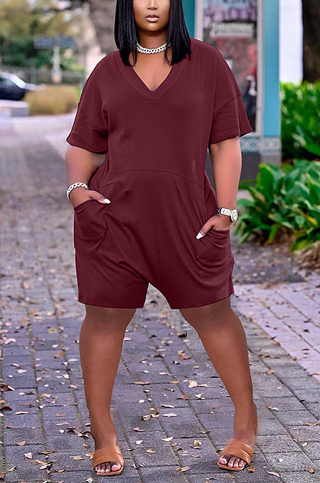 YX9273 Loose Solid Color V-neck Casual Jumpsuit