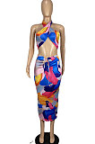 Fashion Women Printing Backless Shirred Detail Skirts Sets CY1317