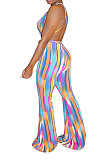 Trendy Sexy Dark V Backless Colorful Slip Printing Wide Leg Jumpsuits N9274