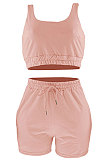 Euramerican Women Pure Color Double Vest Sport Shorts Sets HR8163