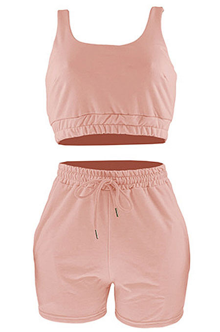 Euramerican Women Pure Color Double Vest Sport Shorts Sets HR8163