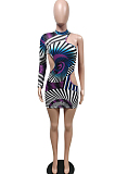 Print Buttocks Positioning Single Sleeve Off Shoulder Dresses F8338