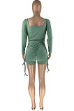 Fashion Women U Neck Pure Colro Shirred Detail Romper Shorts HR8161