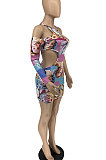 Club Hollow Out Printing Hole Tight Sexy Long Sleeve Mini Dress ATE5220