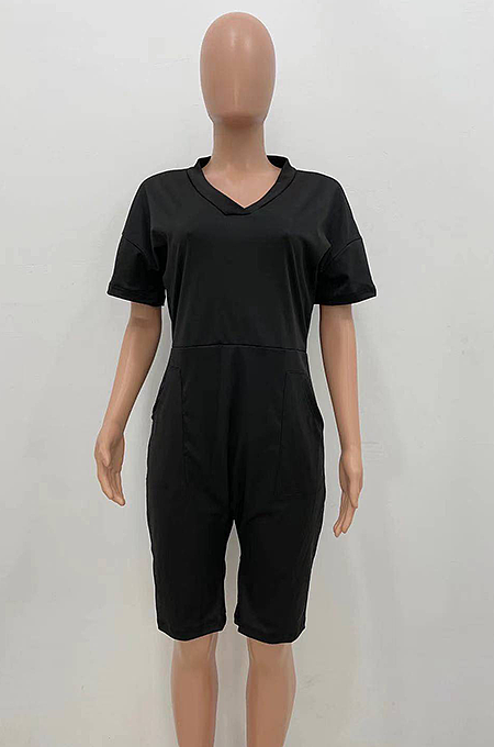 YX9273 Loose Solid Color V-neck Casual Jumpsuit