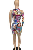 Club Hollow Out Printing Hole Tight Sexy Long Sleeve Mini Dress ATE5220