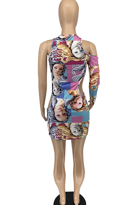 Club Hollow Out Printing Hole Tight Sexy Long Sleeve Mini Dress ATE5220