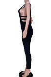 Pure Color Hollow Out Zipper Dark V Neck Sexy Bodycon Jumpsuits GL6352
