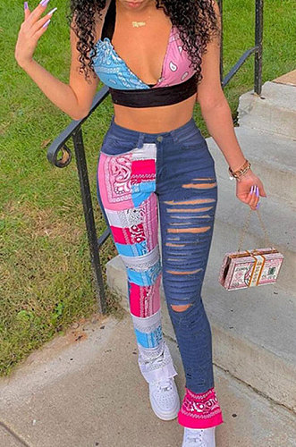 Casual Printing Sleeveless Vest Jeans Long Pants Sets GLS8107