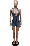 Hang A Neck Backless Fashion Jumpsuits Denim Shorts F8336