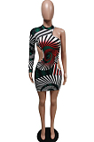 Print Buttocks Positioning Single Sleeve Off Shoulder Dresses F8338