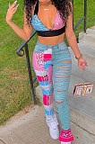 Casual Printing Sleeveless Vest Jeans Long Pants Sets GLS8107