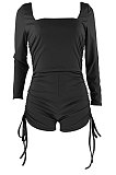 Fashion Women U Neck Pure Colro Shirred Detail Romper Shorts HR8161