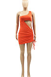 Hollow Out Pure Color One Shoulder Short Sleeve Mini Dress AD0302