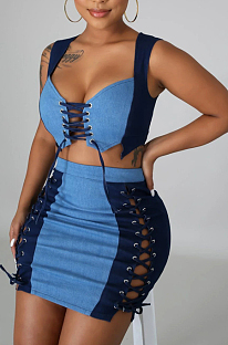 Fashion Sexy Chest Wrap Tether Denim Shirt Two-Piece BS1256