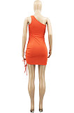 Hollow Out Pure Color One Shoulder Short Sleeve Mini Dress AD0302