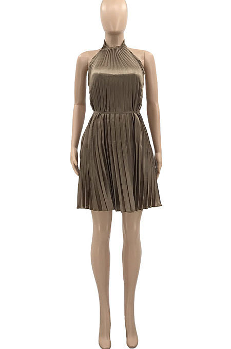 Pure Color Backless Sleeveless Pleated Skirt AD0301