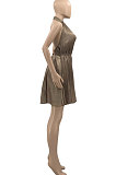Pure Color Backless Sleeveless Pleated Skirt AD0301