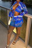 Fashion Sexy Horn Sleeve Tie Dye Bind Top Shorts Two-Piece SYY8055