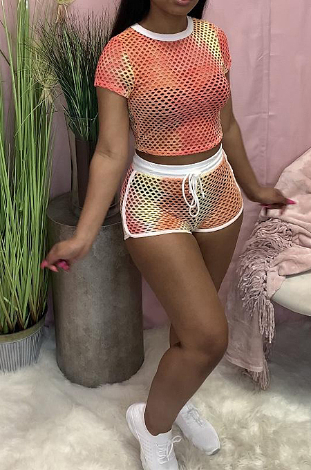 Casual Print The Grid Sports Short Sleeve Shorts Two-Piece TRS1117