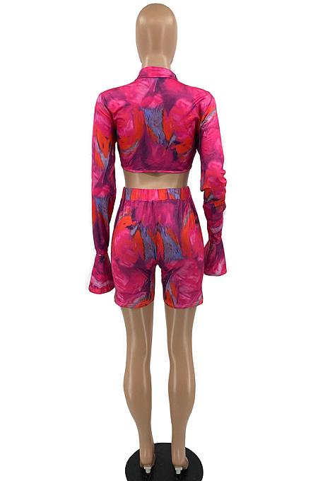 Fashion Sexy Horn Sleeve Tie Dye Bind Top Shorts Two-Piece SYY8055