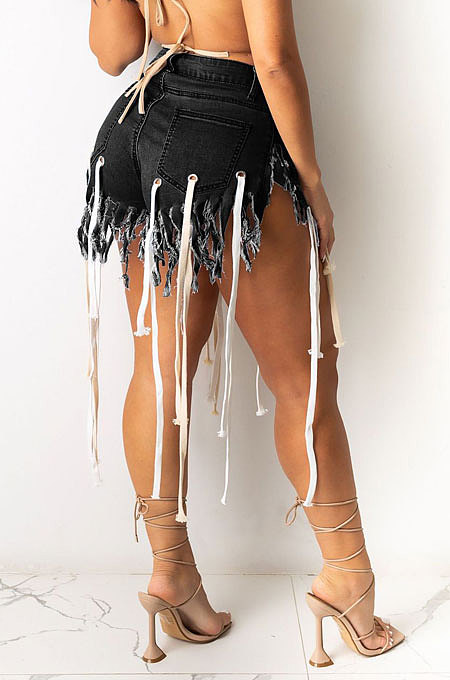 Eyelet String Tassel Denim Shorts LD9105