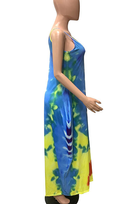 Tie Dye Color Condole Belt Vest Long Dress FM6197