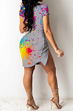 High Elastic Rib Zipper Short Sleeve Splash-ink Printing Mini Dress RMH8909