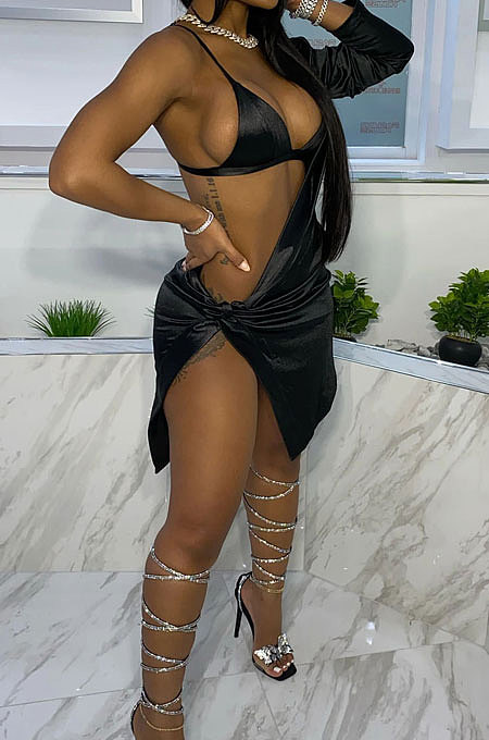 Pure Color Sexy Bandeau Bra Mini Dress Two-Pieces AMM8336