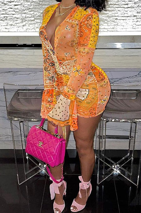 Fashion Sexy Printing Horn Sleeve Mini Dress OMY0006
