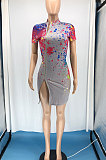 High Elastic Rib Zipper Short Sleeve Splash-ink Printing Mini Dress RMH8909