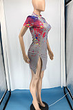 High Elastic Rib Zipper Short Sleeve Splash-ink Printing Mini Dress RMH8909