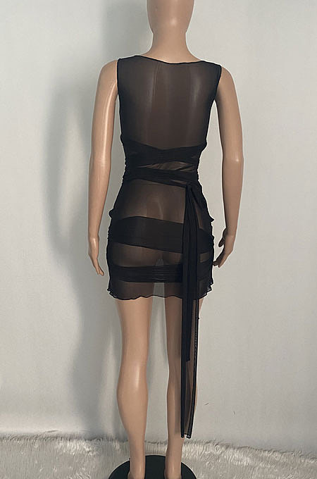 Sleeveless Tight High Elastic Club Sexy Net Yarn Hollow Out Mini Dress XQ1103