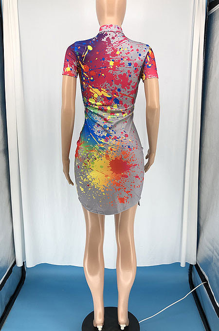 High Elastic Rib Zipper Short Sleeve Splash-ink Printing Mini Dress RMH8909