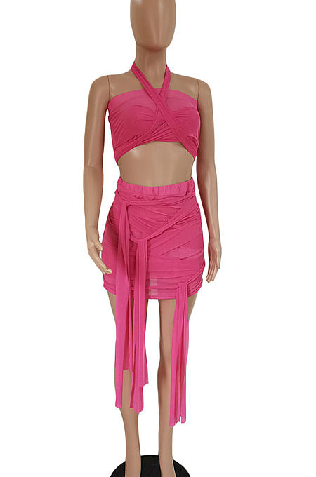 Bandeau Bra Mini Skirt Irregular Bind Net Yarn Perspective Sexy Club Suits Skirts Sets DY6997