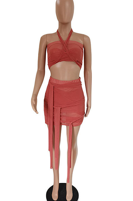 Bandeau Bra Mini Skirt Irregular Bind Net Yarn Perspective Sexy Club Suits Skirts Sets DY6997