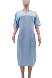 Fashion Loose V Neck Prue Color Casual Dresses TK6153