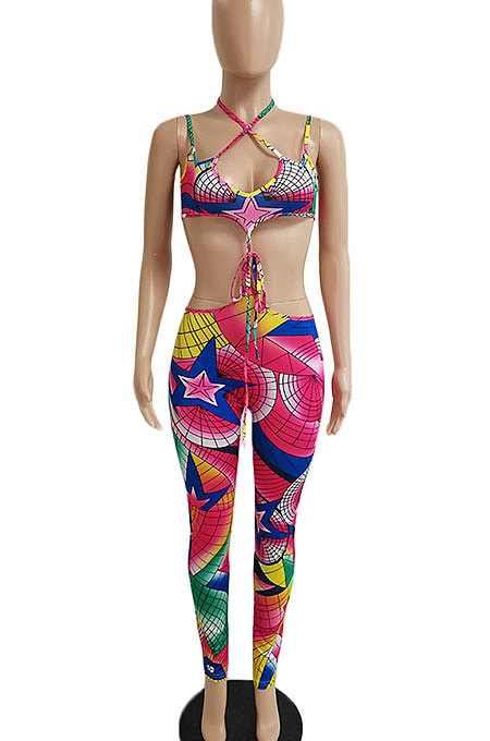 Colorful Printing Gallus Vest Personality Lace-Up Pants Sets DY6647