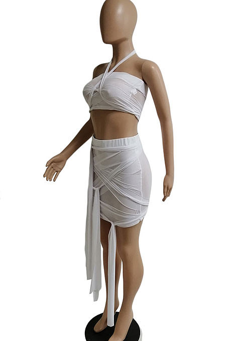 Bandeau Bra Mini Skirt Irregular Bind Net Yarn Perspective Sexy Club Suits Skirts Sets DY6997